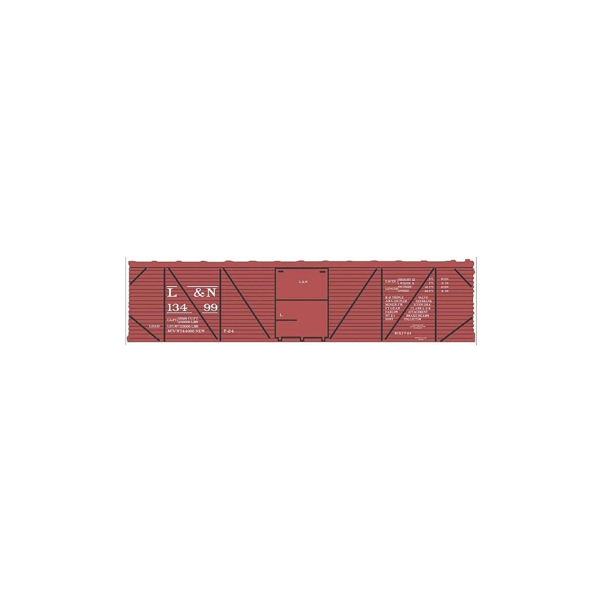 Railroad Decal Set -- Louisville & Nashville 40′ Single-Sheathed Wood Boxcar (Boxcar Red, No L, N, Tichy Train Group 10242N