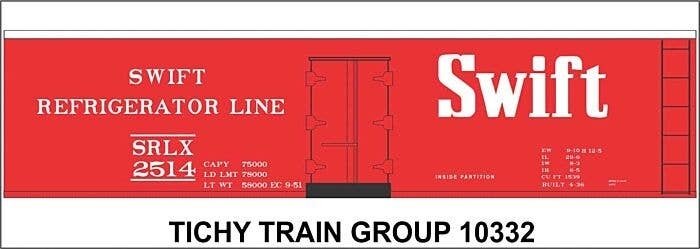 Railroad Decal Set -- Swift Refrigerator Line 40′ Steel Reefer (red car), HO, Tichy Train Group 10332
