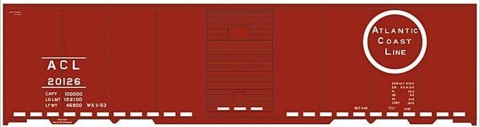 Railroad Decal Set -- Atlantic Coast Line 40′ Steel Boxcar (Circle Logo, Dashed Line Frame), HO, Tichy Train Group 10197