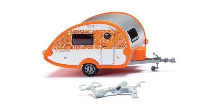 TB Camping Trailer - Assembled -- Mexican Sunset (orange, white, silver), HO, Wiking 9237