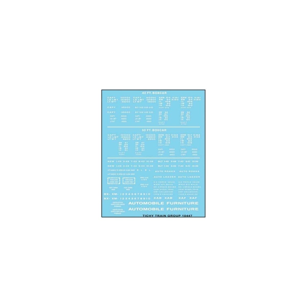 Railroad Decal Set -- 40`, 50` Boxcar Data, Gothic Lettering (white), HO, Tichy Train Group 10447