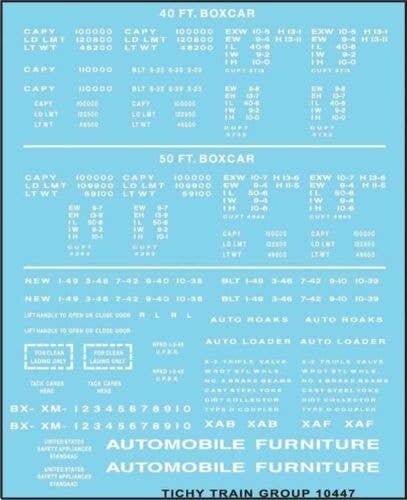 Railroad Decal Set -- 40`, 50` Boxcar Data, Gothic Lettering (white), HO, Tichy Train Group 10447