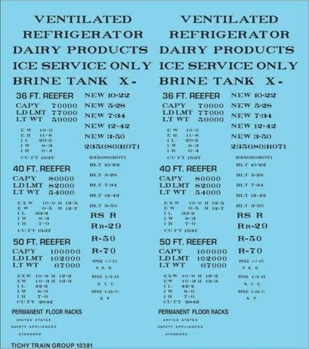 Railroad Decal Set -- Generic 36`, 40` and 50` Refrigerator Car - Reefer Data (black lettering, HO, Tichy Train Group 10381