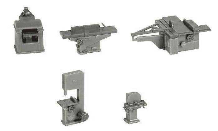 Woodshop Equipment -- Jointer, Table Saw, Planner, Disc Sander & Band Saw, HO, Walthers SceneMaster 4183