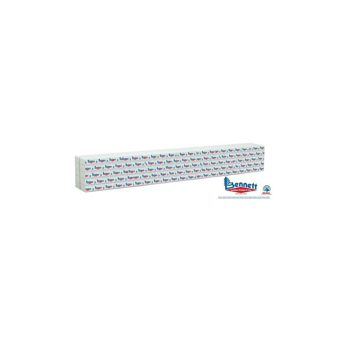Wrapped Lumber Load for WalthersMainline 72′ Centerbeam Flatcar -- Bennett Lumber (blue, red, HO, Walthers SceneMaster 3162