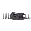 Burnt Log Cabin with Burnt Trees -- Kit - 4-3/8 x 3-3/8 x 1-3/4′ 11.1 x 8.5 x 4.5cm, HO, Busch Gmbh & Co Kg 1853