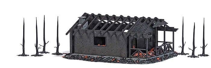 Burnt Log Cabin with Burnt Trees -- Kit - 4-3/8 x 3-3/8 x 1-3/4′ 11.1 x 8.5 x 4.5cm, HO, Busch Gmbh & Co Kg 1853