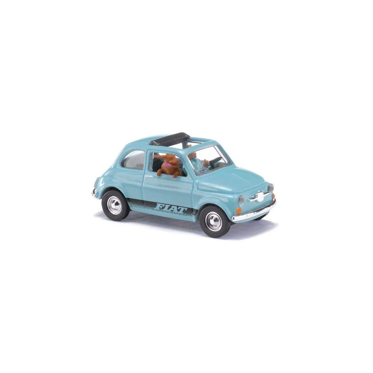 1965 Fiat 500 F Station Wagon with Sunroof, Driver & Dog - Assembled -- Light Blue, Black, HO, Busch Gmbh & Co Kg 48735