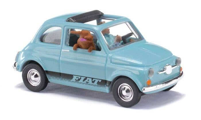 1965 Fiat 500 F Station Wagon with Sunroof, Driver & Dog - Assembled -- Light Blue, Black, HO, Busch Gmbh & Co Kg 48735