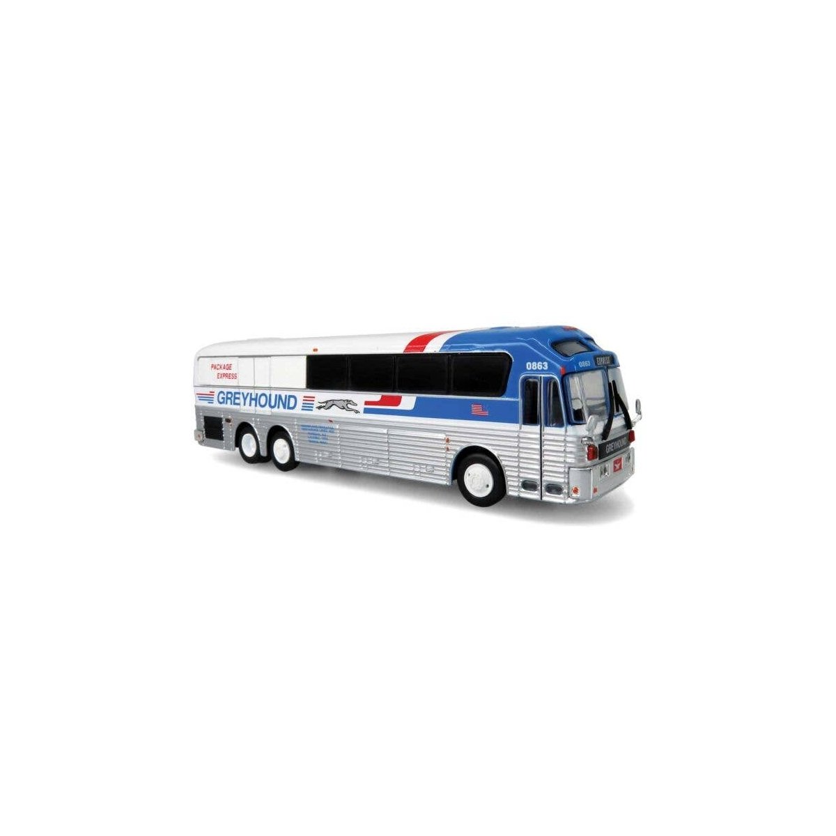 1986 Eagle Model 10 Bus - Assembled -- Greyhound Package Express (silver, white, blue, red), HO, Iconic Replicas 870462
