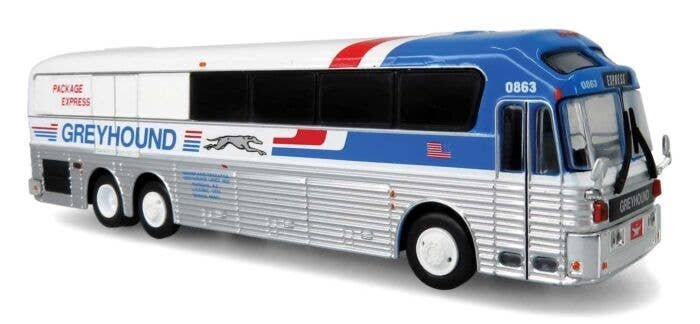 1986 Eagle Model 10 Bus - Assembled -- Greyhound Package Express (silver, white, blue, red), HO, Iconic Replicas 870462