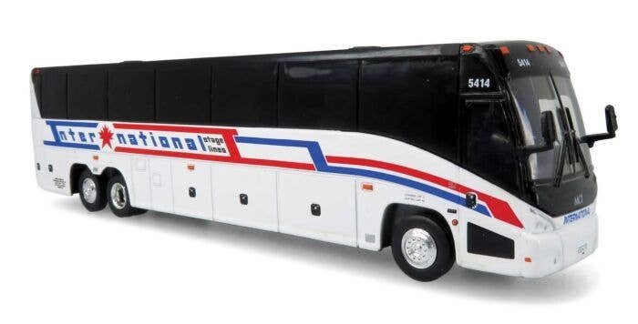 MCI J4500 Motorcoach Bus - Assembled -- International Stage Lines (white, red, blue, black), HO, Iconic Replicas 870466