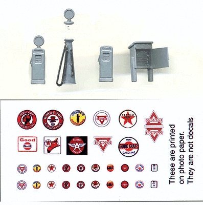 Gas Pump Set -- 1 Each of 3 Styles w/Printed Gas Logo Sheet, HO, Grandt Line Products Inc 5314