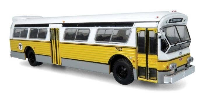 1980 GM Flxible 53102 (Fishbowl) Bus - Assembled -- MBTA Boston (white, yellow, silver, 39 Arborway), HO, Iconic Replicas 870453