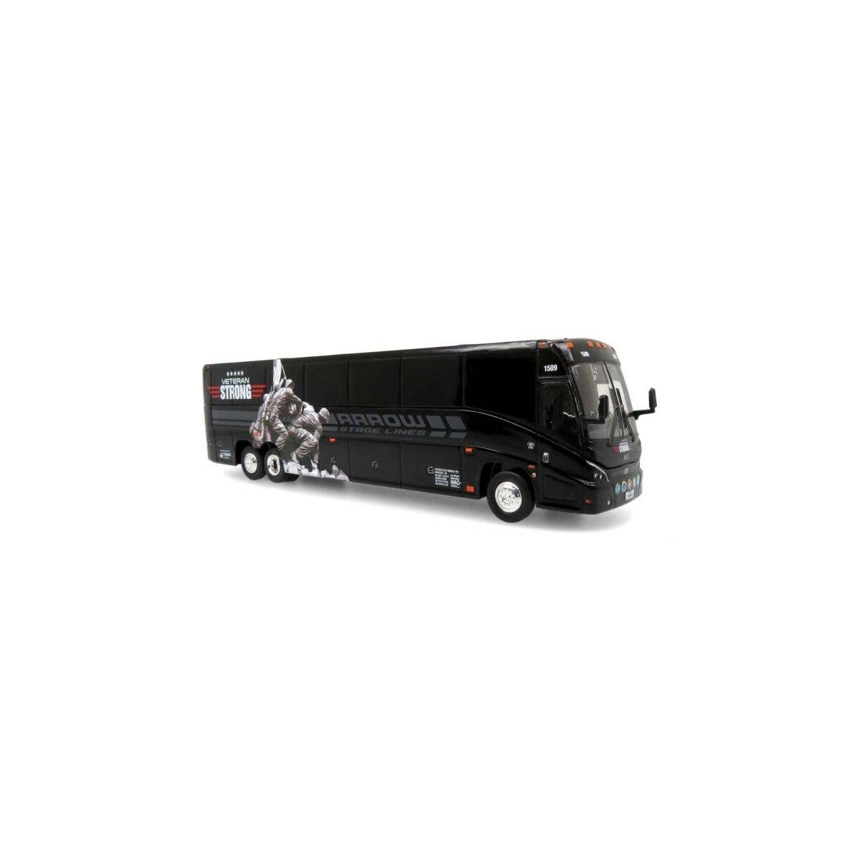MCI J4500 Motorcoach Bus - Assembled -- Arrow Stage Lines (black, white, red, gray Veterans Strong Commemorative), HO, Iconic Re