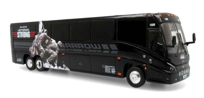 MCI J4500 Motorcoach Bus - Assembled -- Arrow Stage Lines (black, white, red, gray Veterans Strong Commemorative), HO, Iconic Re