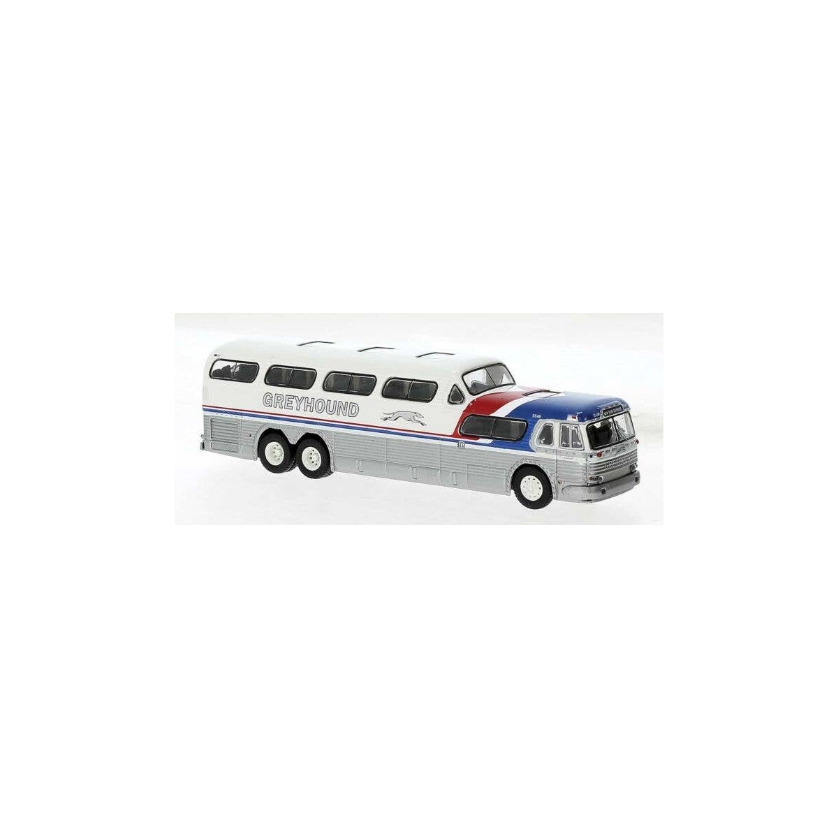 1954-1956 GMC PD-4501 Scenicruiser Bus - Assembled -- Greyhound (silver, white, blue, red), HO, Brekina Automodelle 61303