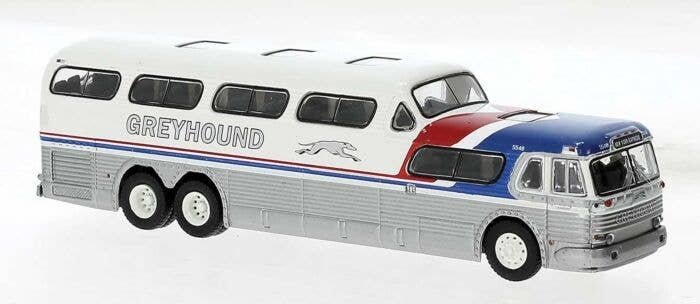 1954-1956 GMC PD-4501 Scenicruiser Bus - Assembled -- Greyhound (silver, white, blue, red), HO, Brekina Automodelle 61303