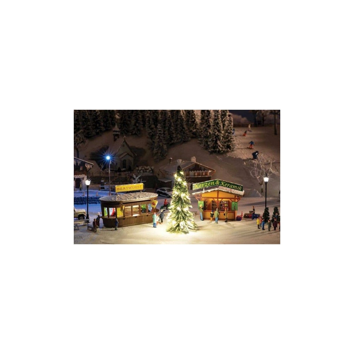 Christmas Market Stall 2-Pack with Lighted Tree -- Kit - 3-3/8 x 2-1/4 x 2-1/8` and 2-3/4 x 1-1/2 x 2-5/16`, HO, Faller Gmbh 134