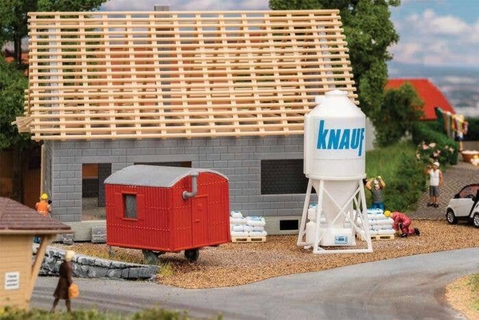 Plaster Silo and Construction Trailer -- Kit, HO, Faller Gmbh 180389