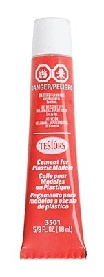 Finished-Product Cement Adhesives -- Polystyrene Plastic Cement - 5/8oz 18.5mL - Tube with E, All Scales, Testor Corp 3501