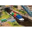 River Freight Boat with Containers - Kit -- Water-Level Kit - Includes Boat & 6 20′ Containers, HO, Faller Gmbh 131013