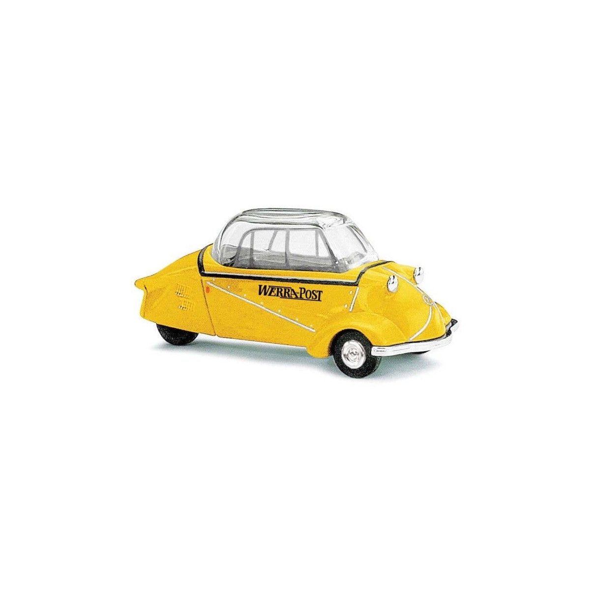 1955 Messerschmitt KR200 3-Wheeled Kabinenroller - Assembled -- Werra Post (yellow, German Lettering), HO, Busch Gmbh & Co Kg 48