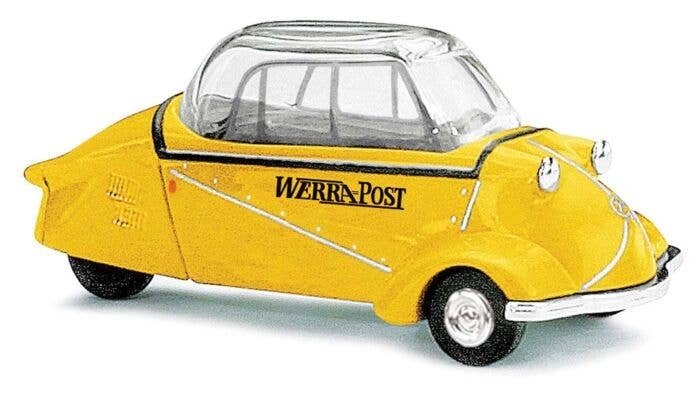 1955 Messerschmitt KR200 3-Wheeled Kabinenroller - Assembled -- Werra Post (yellow, German Lettering), HO, Busch Gmbh & Co Kg 48