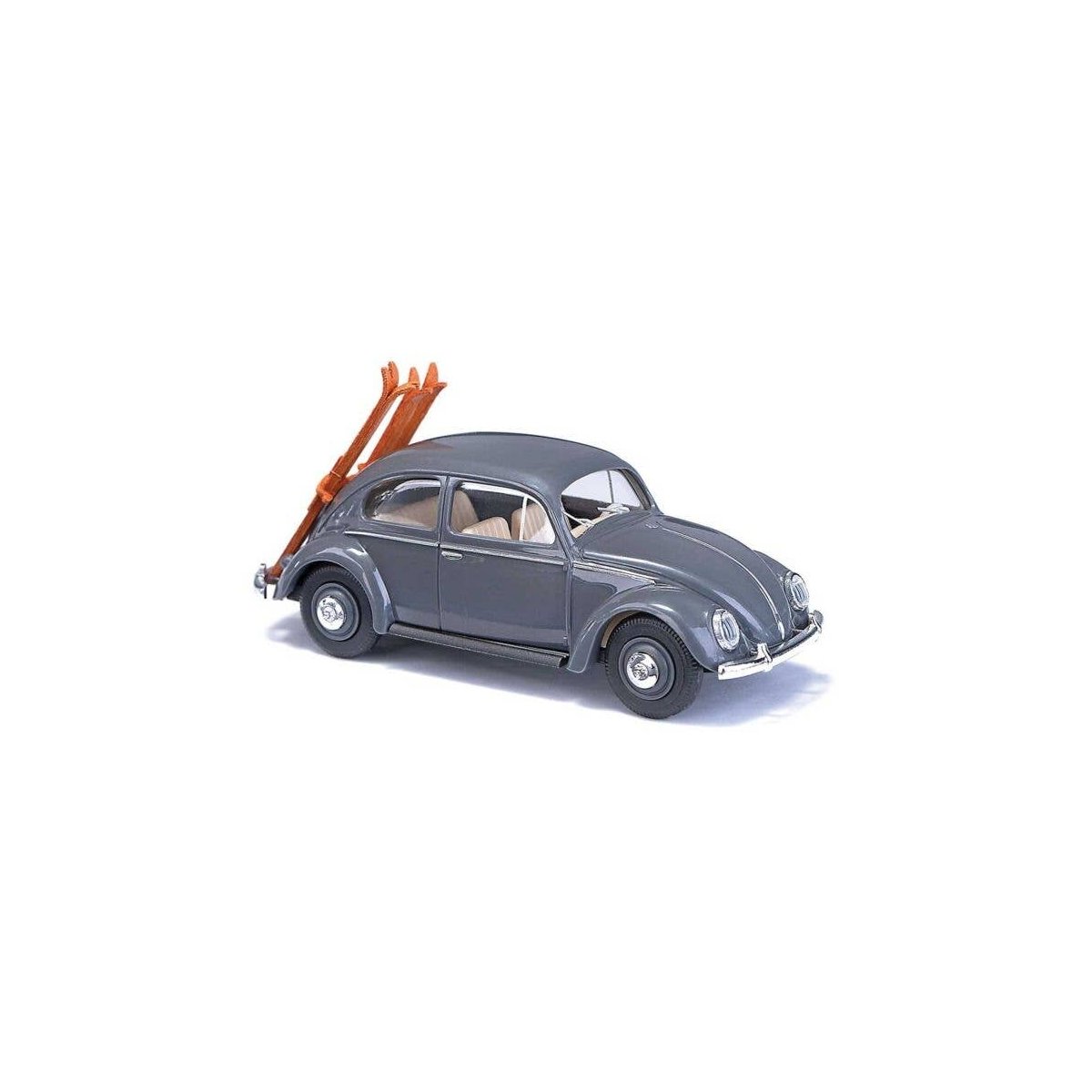1955 Volkswagen Beetle with Oval Rear Window & Ski Rack - Assembled -- Gray, HO, Busch Gmbh & Co Kg 52965