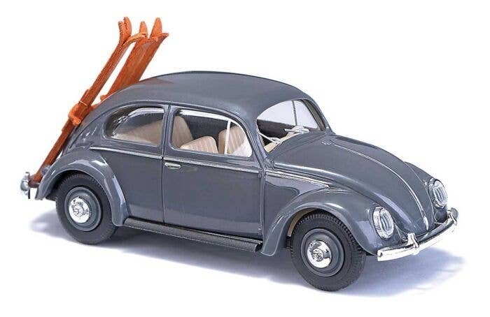 1955 Volkswagen Beetle with Oval Rear Window & Ski Rack - Assembled -- Gray, HO, Busch Gmbh & Co Kg 52965