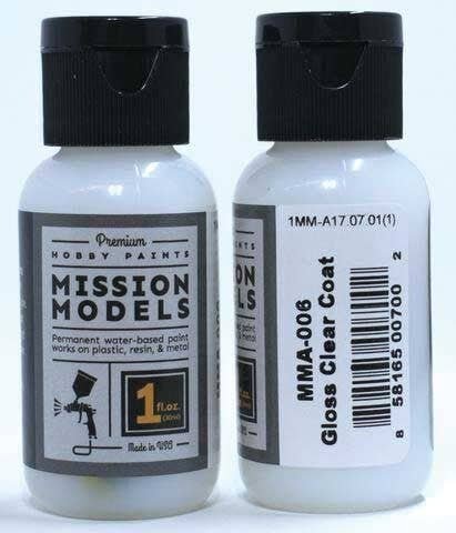 Water-Based Acrylic Paint 1oz 29.6ml -- MMA-006 Gloss Clear Coat, All Scales, Mission Models A6