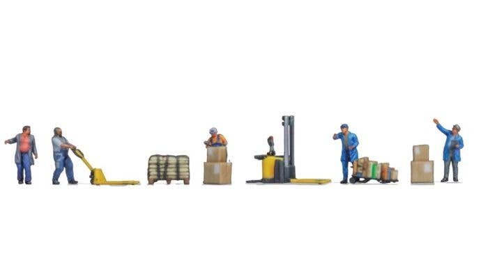 Warehouse Workers - Color 3D Print -- 5 Figures, Forklift, Pallet Jack, Cart, Crates, Loaded Pallet, N, Noch Gmbh & Co 35060