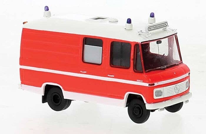 1968-1986 Mercedes-Benz L 508 RTW Ambulance - Assembled -- Red, White Stripe & Roof, HO, Brekina Automodelle 36941