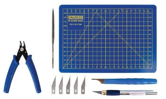 Model Building Tool Starter Set -- Sprue Cutter, Hobby Knife w/5 Blades, File, Cutting Mat, Deburri, HO, Faller Gmbh 170560