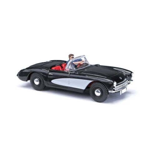 1956 Chevrolet Corvette Convertible - Assembled -- Top Down (black, white with Driver), HO, Busch Gmbh & Co Kg 45435