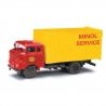 1965 IFA W50L MK Box-Body Delivery Truck - Assembled -- Minol Service (red, yellow), HO, Busch Gmbh & Co Kg 95198