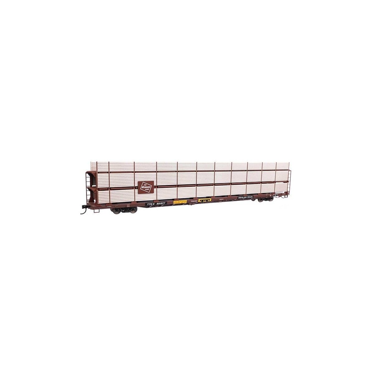 89′ Flatcar w/Tri-Level Shielded Auto Rack - Ready to Run -- Milwaukee Road 801577, TTKX Flatcar, HO, WalthersMainline 8317