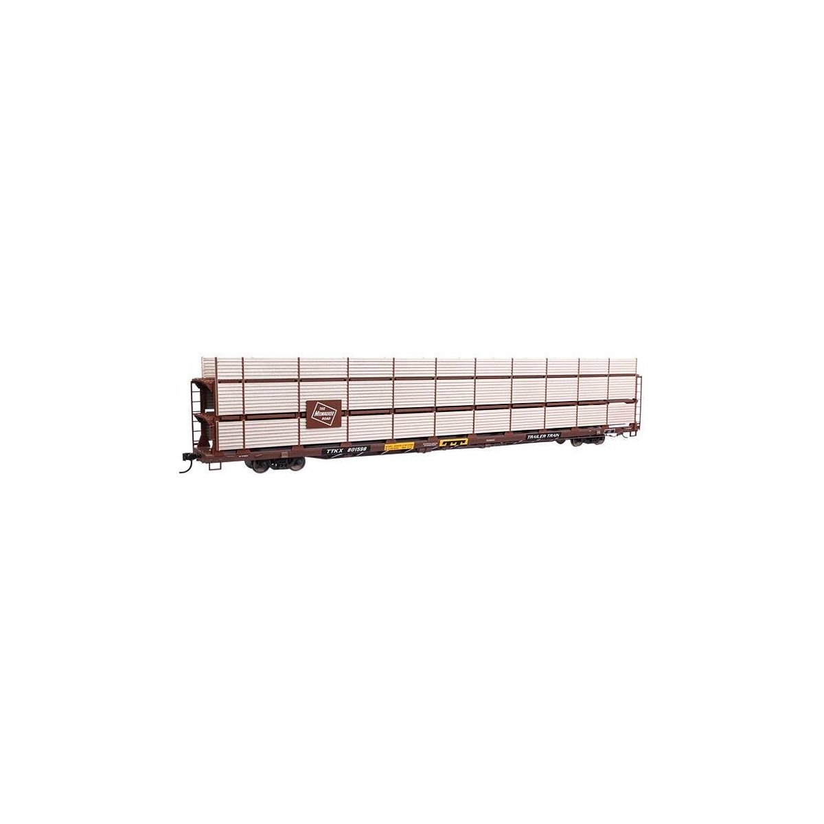 89′ Flatcar w/Tri-Level Shielded Auto Rack - Ready to Run -- Milwaukee Road 801598, TTKX Flatcar, HO, WalthersMainline 8319
