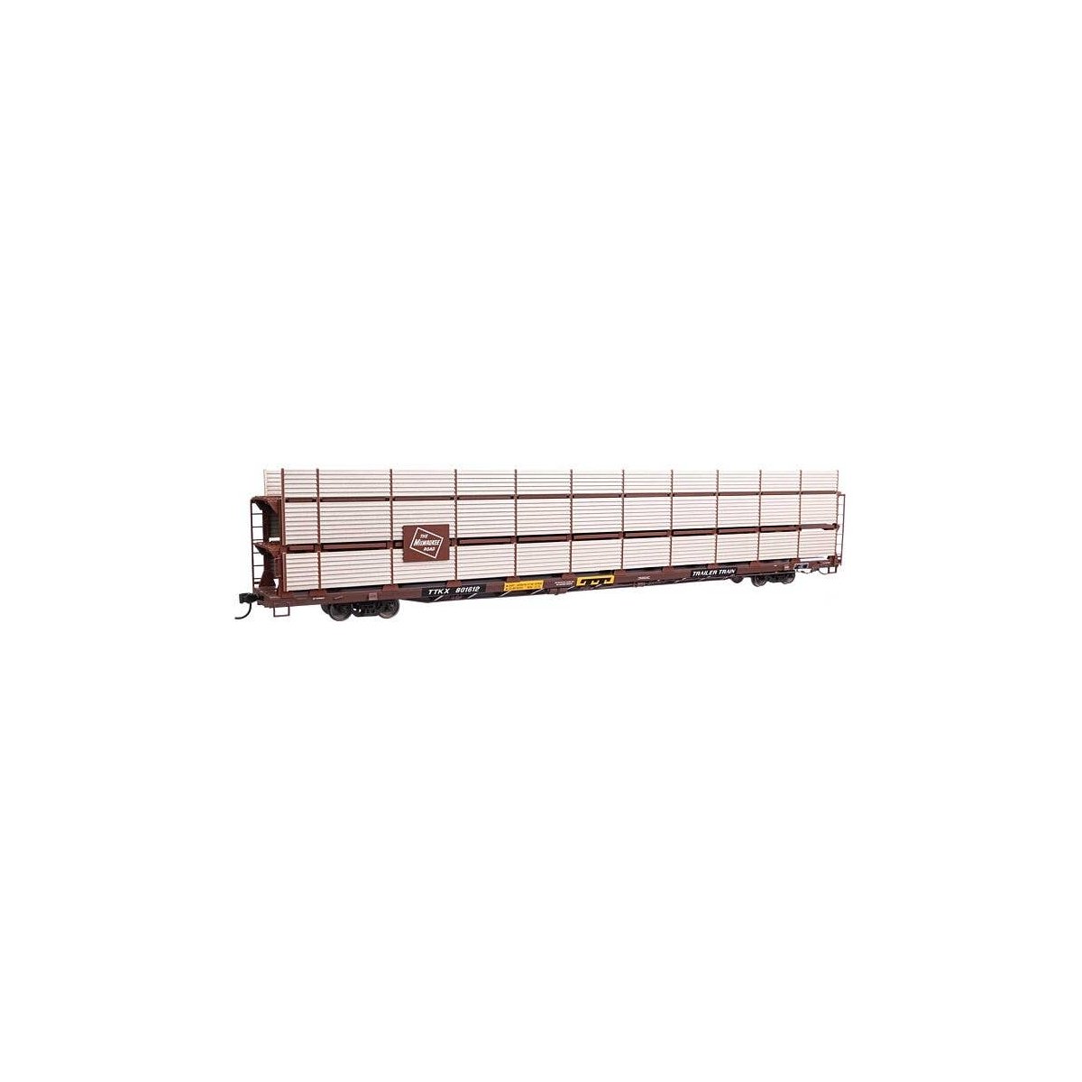 89′ Flatcar w/Tri-Level Shielded Auto Rack - Ready to Run -- Milwaukee Road 801612, TTKX Flatcar, HO, WalthersMainline 8320