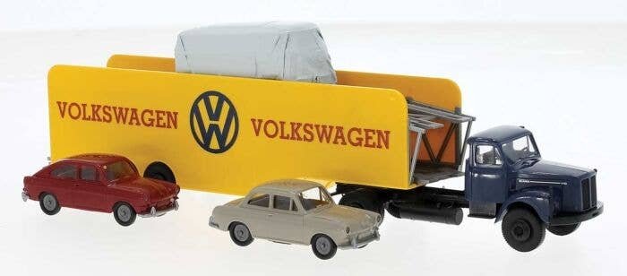 Scania L 110 Semi Tractor w/Auto Trailer & 2 Autos - Assembled -- Volkswagen (yellow, gray), HO, Brekina Automodelle 85133