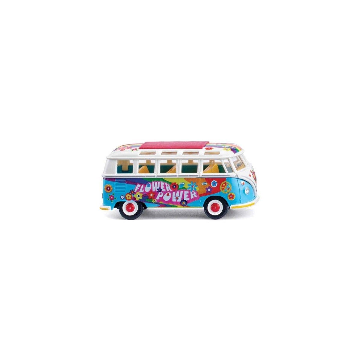 1963-1967 Volkswagen Transporter T1 Passenger Van - Assembled -- Flower Power (blue, white, rainbows and flowers), HO, Wiking 79