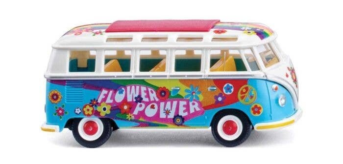 1963-1967 Volkswagen Transporter T1 Passenger Van - Assembled -- Flower Power (blue, white, rainbows and flowers), HO, Wiking 79