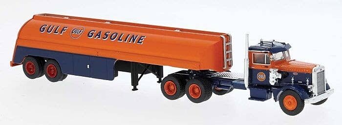 1955 Peterbilt 281 Semi Tractor with Tank Trailer - Assembled -- Gulf (orange, blue), HO, Brekina Automodelle 85763
