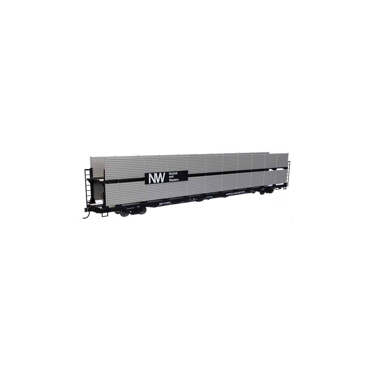 89′ Flatcar w/Bi-Level Shielded Auto Rack - Ready to Run -- Norfolk & Western Rack & Flatcar 412007, HO, WalthersMainline 8121