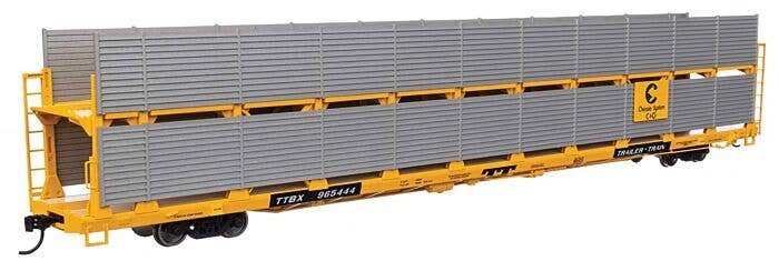 89′ Flatcar w/Bi-Level Shielded Auto Rack - Ready to Run -- Chesapeake & Ohio Rack / Trailer-Train Flatcar TTBX 965444, HO, Wa