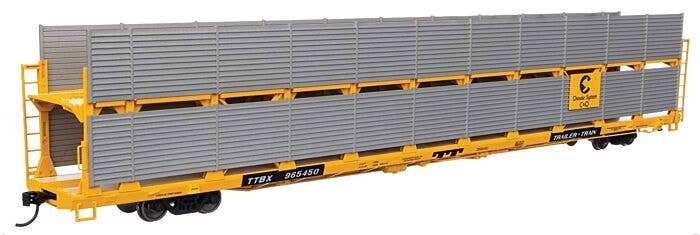 89′ Flatcar w/Bi-Level Shielded Auto Rack - Ready to Run -- Chesapeake & Ohio Rack / Trailer-Train Flatcar TTBX 965450, HO, Wa