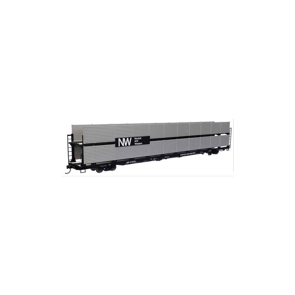 89′ Flatcar w/Bi-Level Shielded Auto Rack - Ready to Run -- Norfolk & Western Rack & Flatcar 412024, HO, WalthersMainline 8122