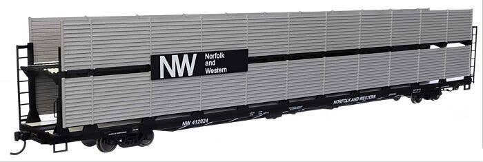 89′ Flatcar w/Bi-Level Shielded Auto Rack - Ready to Run -- Norfolk & Western Rack & Flatcar 412024, HO, WalthersMainline 8122