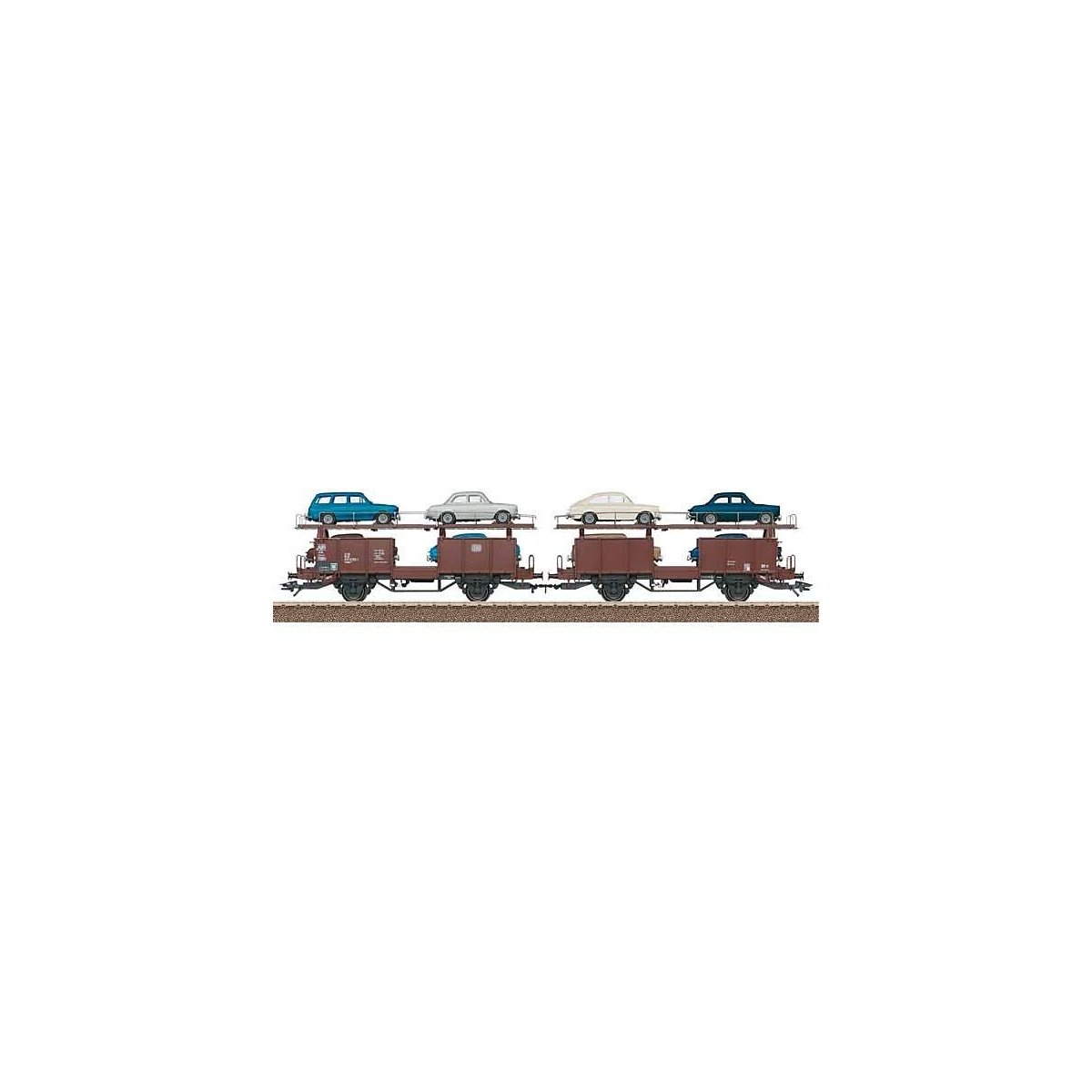 Type Laaes 541 Auto Transport Car w/8 Autos - Ready to Run -- German Federal Railroad DB (Era IV, 1971-1972, Boxcar Red, VW Load