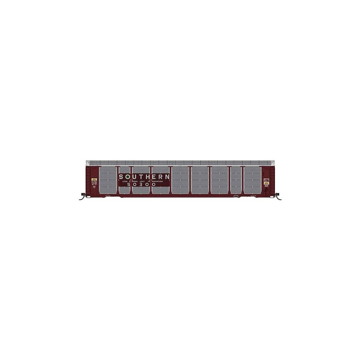 Tri-Level Enclosed Auto Rack - Ready to Run -- Southern Railway 50393 (Boxcar Red, silver, green, Green Light Slogan), N, Interm